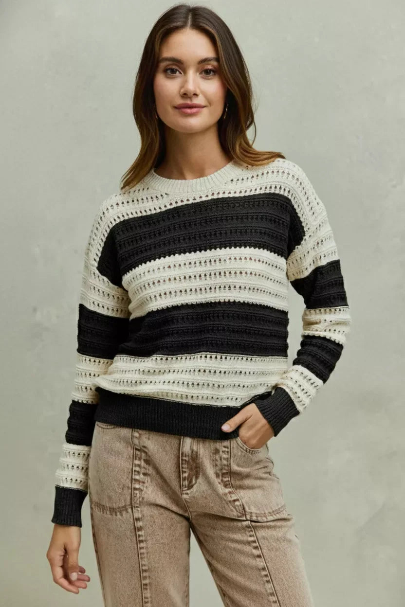 SO ME Openwork Round Neck Wide Stripe Textured Sweater - Trendsi - Flyclothing LLC
