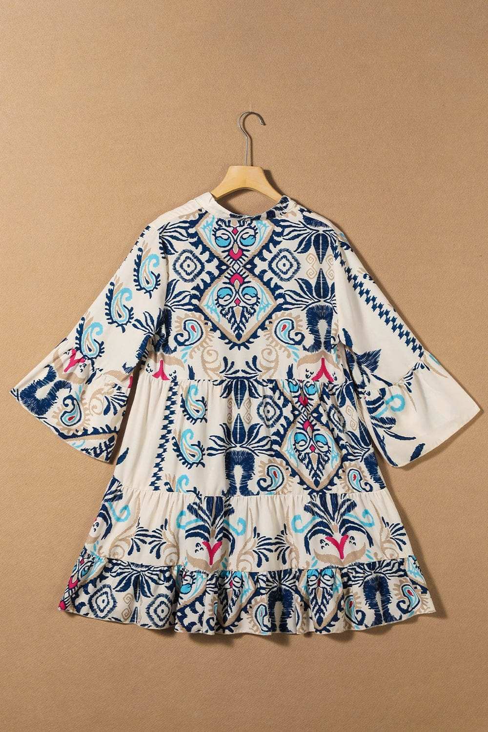 Printed Notched Three-Quarter Sleeve Mini Dress - Trendsi - Flyclothing LLC