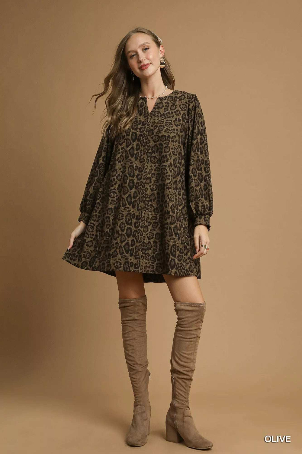 Umgee Leopard Print Long Sleeve Swing Dress - Trendsi - Flyclothing LLC