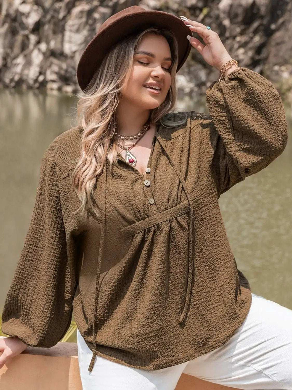 Plus Size Tie Neck Long Sleeve Blouse - Trendsi - Flyclothing LLC