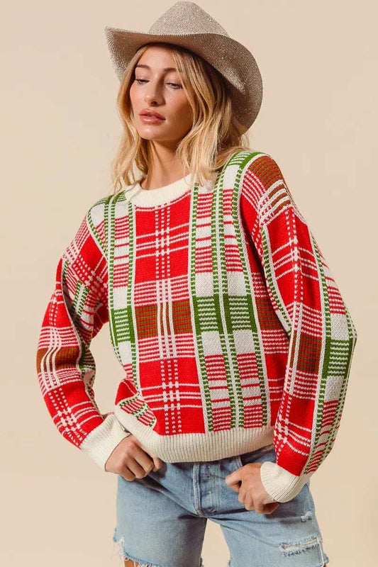 SO ME Christmas Color Checkered Plaid Crew Neck Sweater - Trendsi - Flyclothing LLC