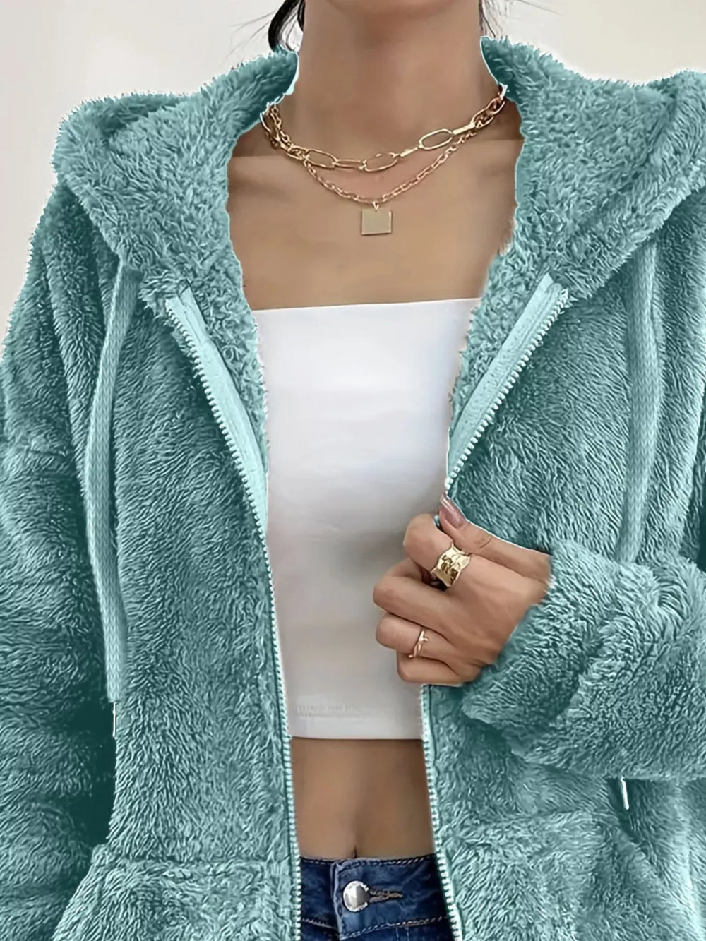 Drawstring Fleece Zip-Up Outerwear - Trendsi - Flyclothing LLC