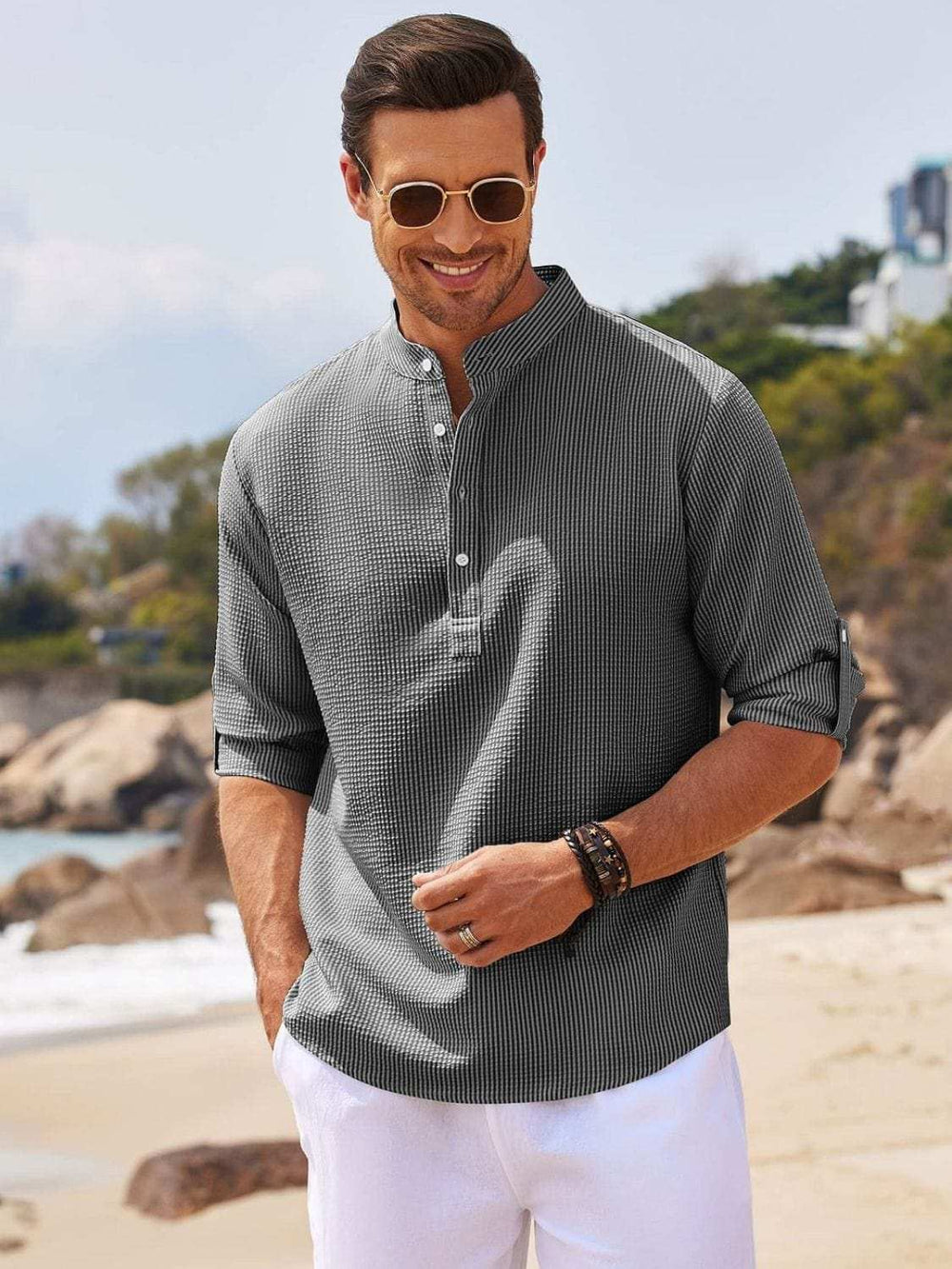 Men's Full Size Half Button Long Sleeve Shirt Plus Size - Trendsi - Flyclothing LLC