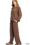 Zenana Slub Long Sleeve Top and Pants Lounge Set - Trendsi - Flyclothing LLC