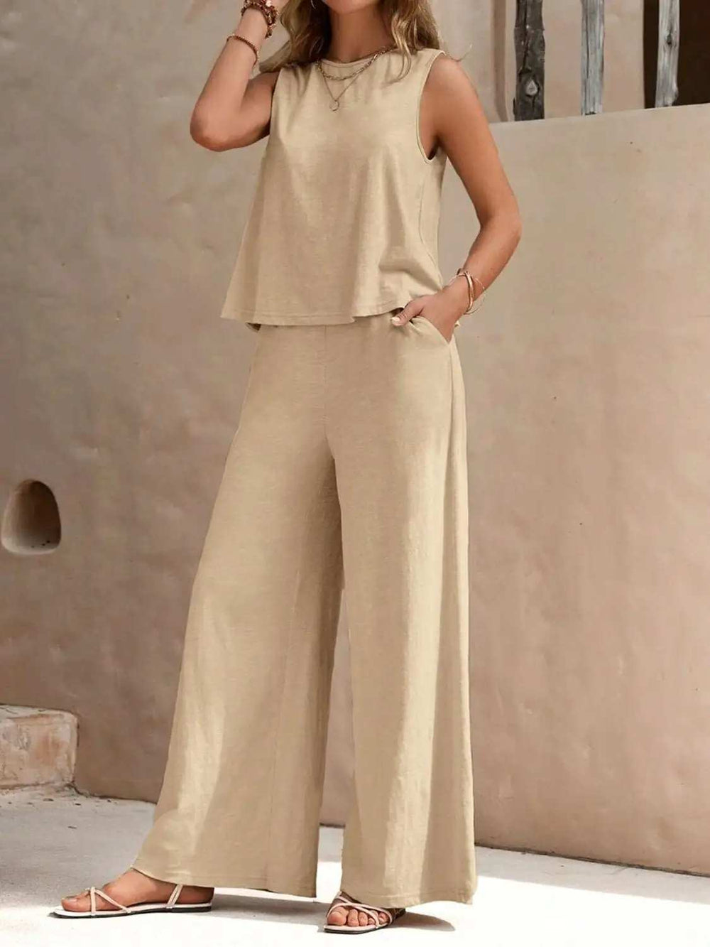 Round Neck Sleeveless Top and Wide Leg Pants Set - Trendsi - Flyclothing LLC