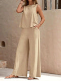 Round Neck Sleeveless Top and Wide Leg Pants Set - Trendsi - Flyclothing LLC