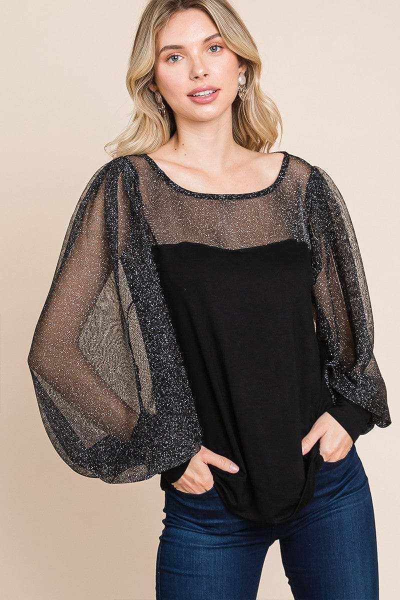 Super Lady Full Size Metallic Mesh Lantern Sleeve Blouse - Trendsi - Flyclothing LLC