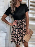 Tied Front Contrast Leopard Short Sleeve Mini Dress - Trendsi - Flyclothing LLC