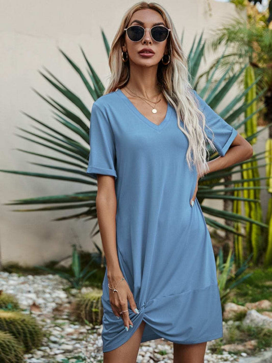 V-Neck Short Sleeve Mini Dress - Trendsi - Flyclothing LLC