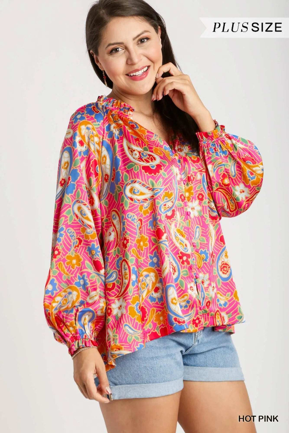 Umgee Full Size Satin Paisley Ruffle Neck Button-Up Shirt Plus Size - Trendsi - Flyclothing LLC