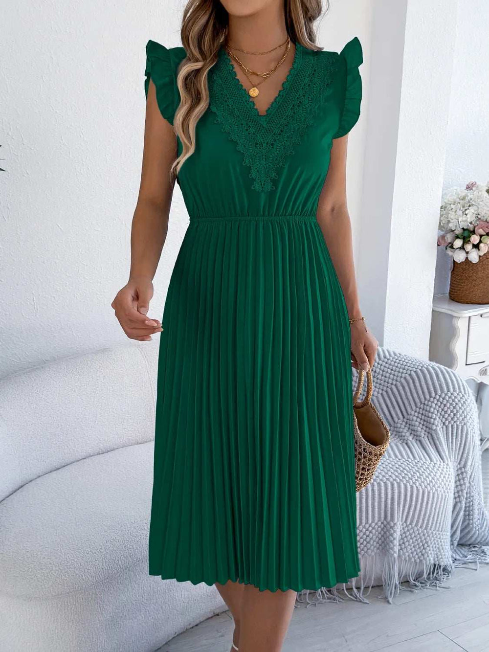 Lace Detail Ruffled Cap Sleeve Pleated Dress - Trendsi - Flyclothing LLC