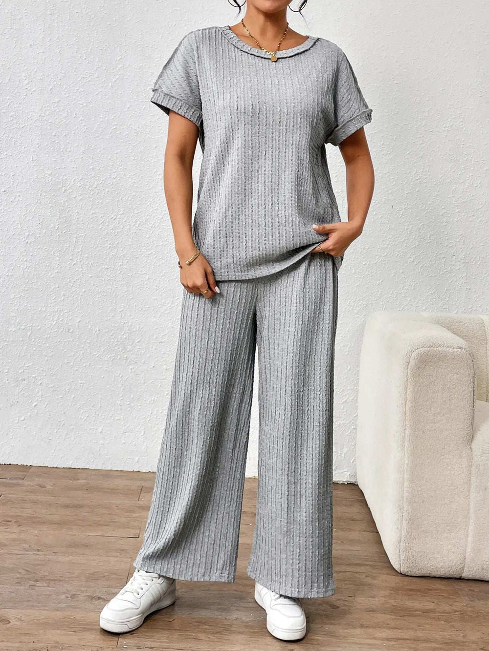 Round Neck Short Sleeve Top and Pants Set - Trendsi - Flyclothing LLC