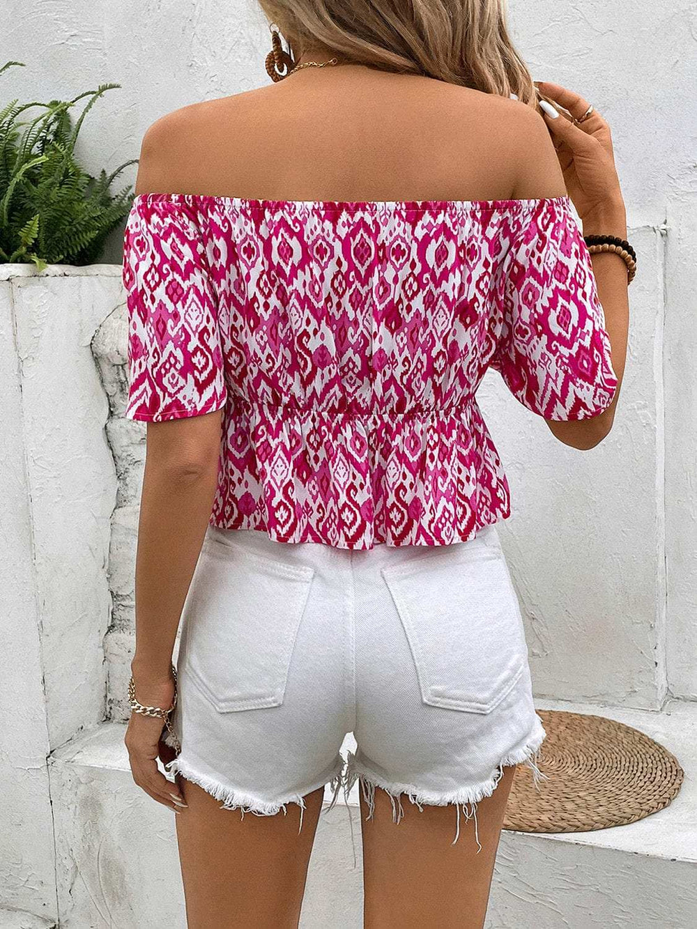 Peplum Printed Off-Shoulder Short Sleeve Blouse - Trendsi - Flyclothing LLC