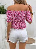 Peplum Printed Off-Shoulder Short Sleeve Blouse - Trendsi - Flyclothing LLC