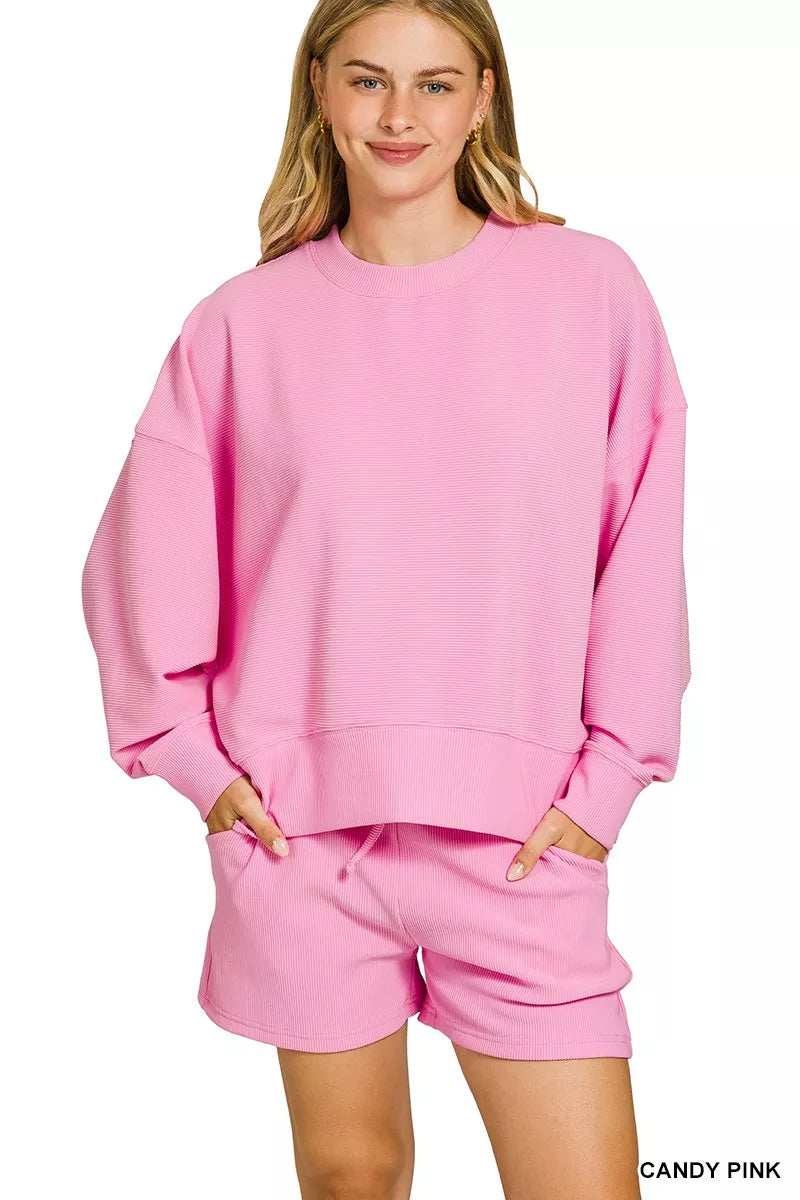 Zenana Ribbed Round Neck Pullover and Shorts Set - Trendsi - Flyclothing LLC