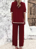 Contrast Trim Round Neck Top and Pants Set - Trendsi - Flyclothing LLC