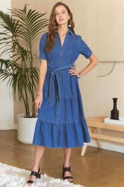 ADORA Tiered Button Down Tie Waist Short Sleeve Denim Dress - Trendsi - Flyclothing LLC
