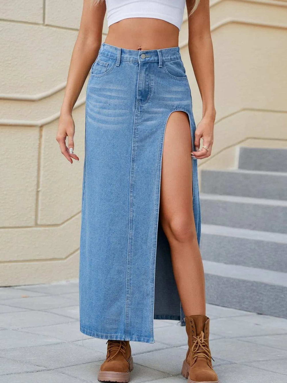 Slit Buttoned Denim Skirt with Pockets - Trendsi - Flyclothing LLC
