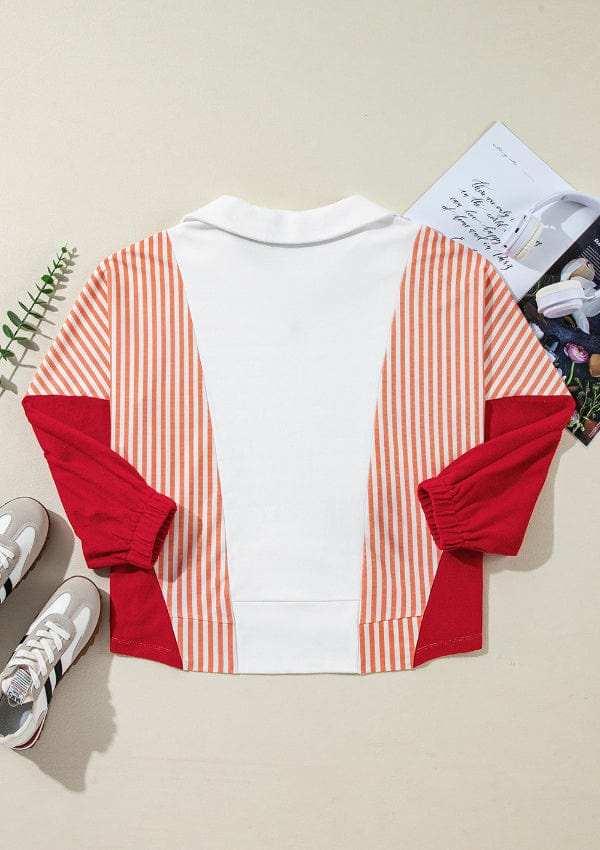 Striped Johnny Collar Long Sleeve Sweatshirt - Trendsi - Flyclothing LLC