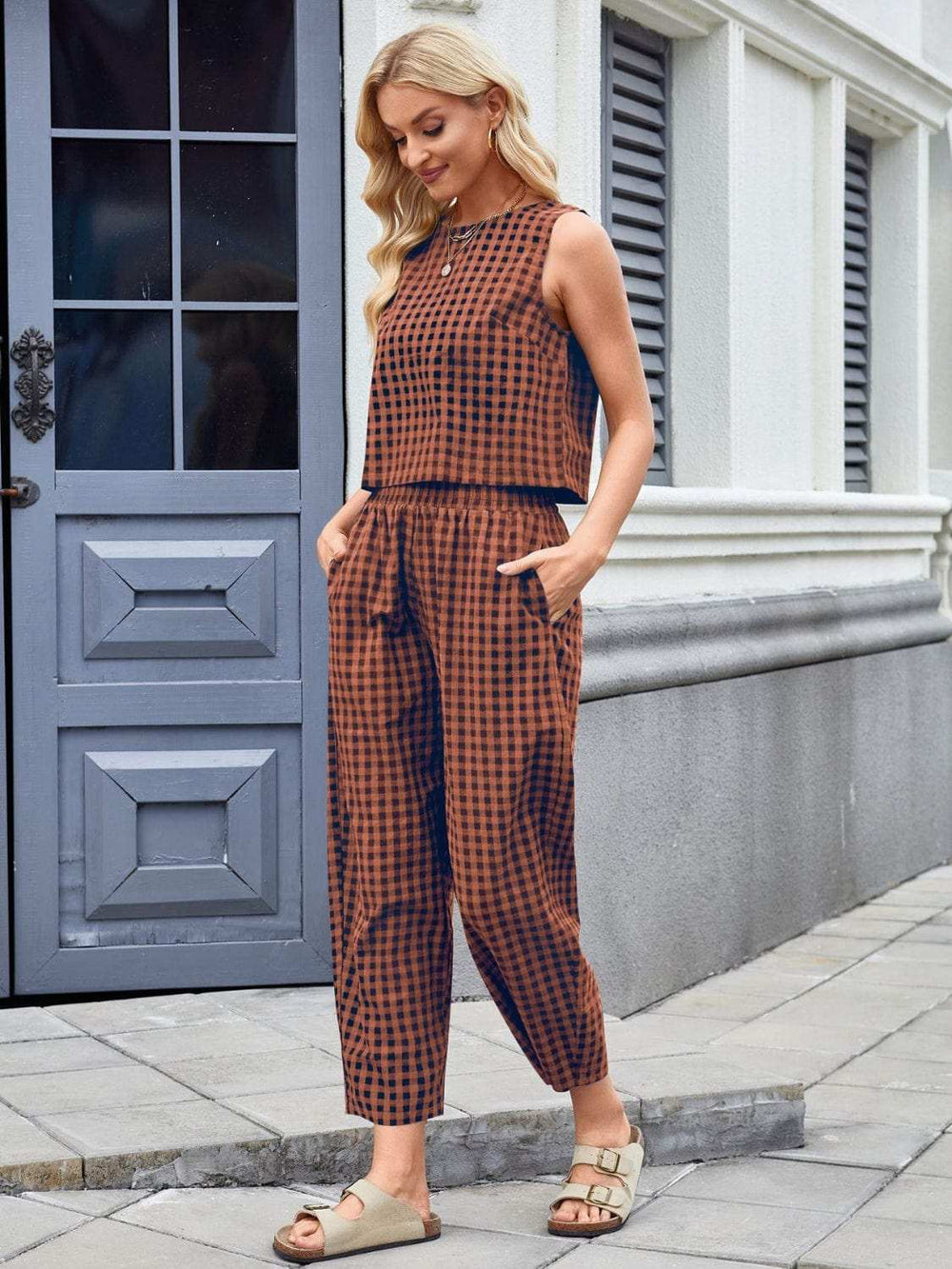 Plaid Sleeveless Top and Pants Set - Trendsi - Flyclothing LLC