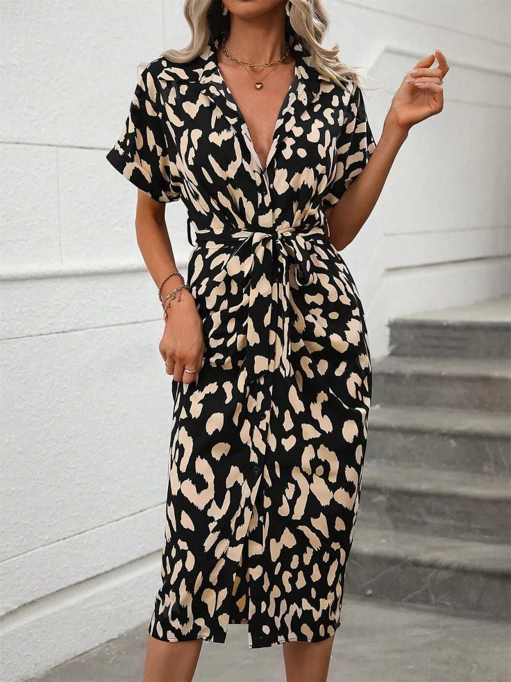 Short Sleeve Tie Waist Dress - Trendsi - Flyclothing LLC