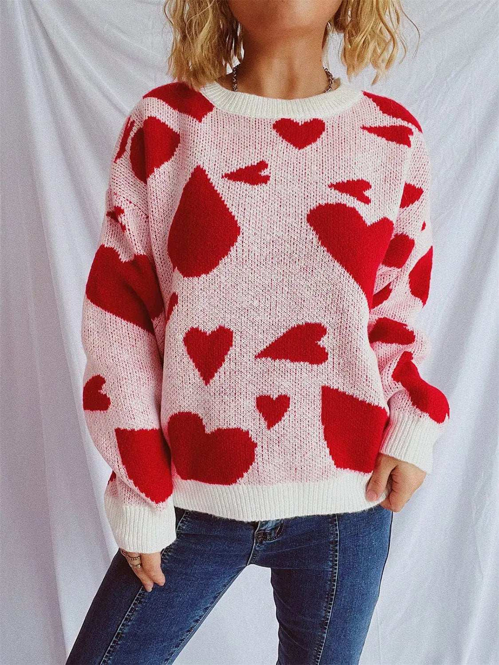 Heart Round Neck Long Sleeve Sweater - Trendsi - Flyclothing LLC