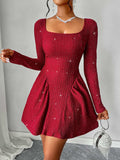 Backless Glitter Square Neck Long Sleeve Mini Dress - Trendsi - Flyclothing LLC