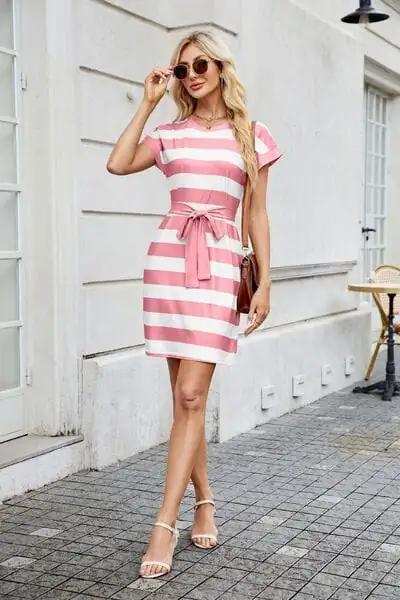 Tied Contrast Striped Short Sleeve Mini Tee Dress - Trendsi - Flyclothing LLC