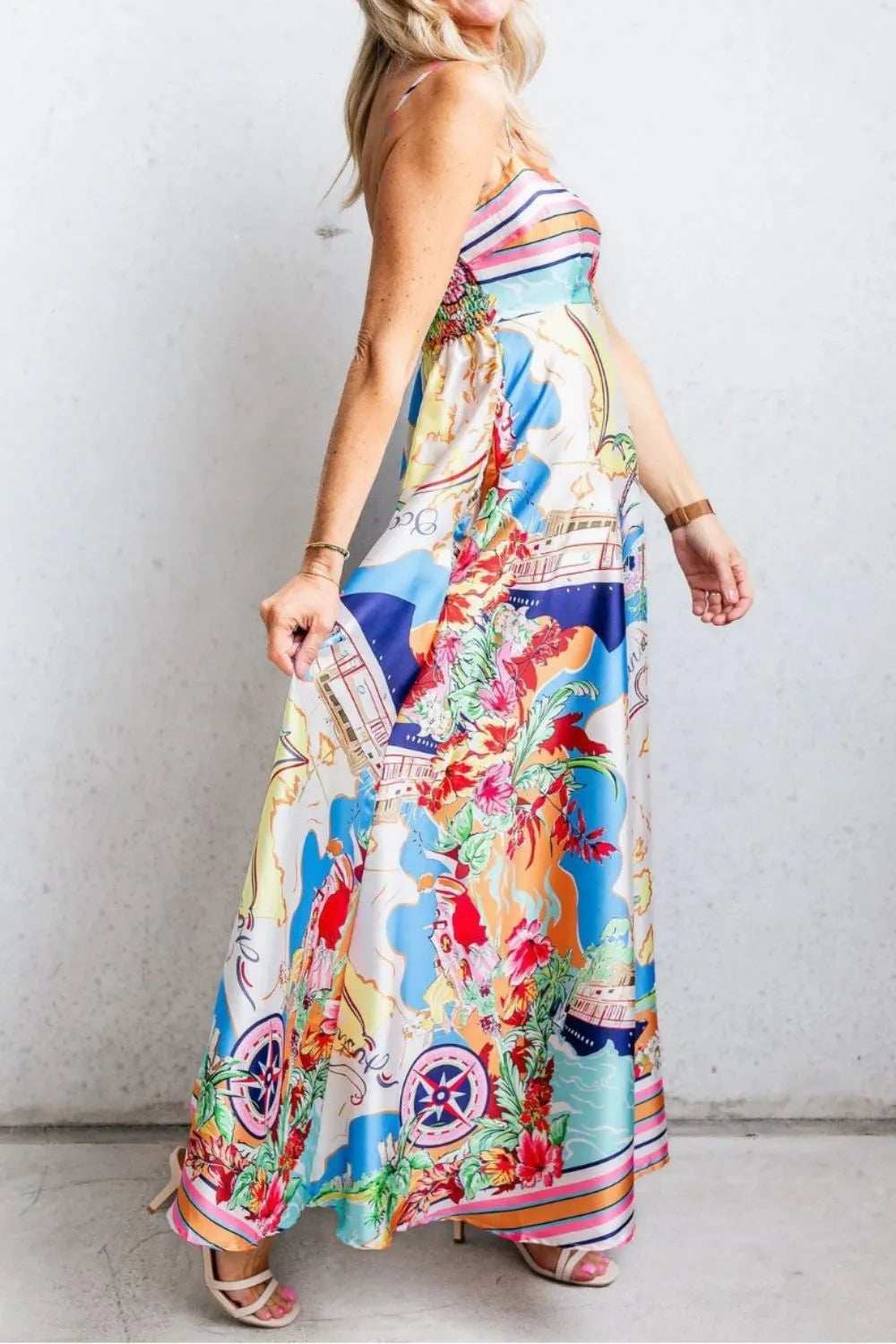 Smocked Back Printed Square Neck Maxi Cami Dress with Pockets - Trendsi - Flyclothing LLC