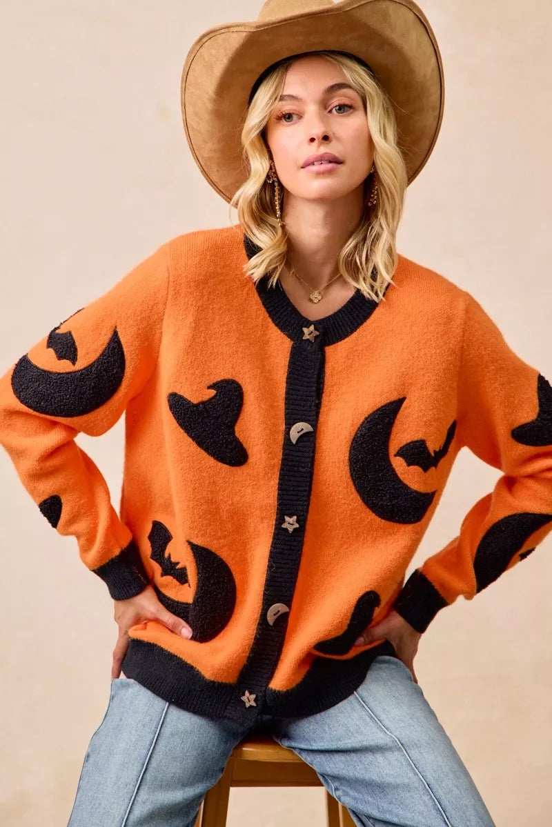 BiBi Halloween Witch Hat Moon Bat Artwork Cardigan - Trendsi - Flyclothing LLC