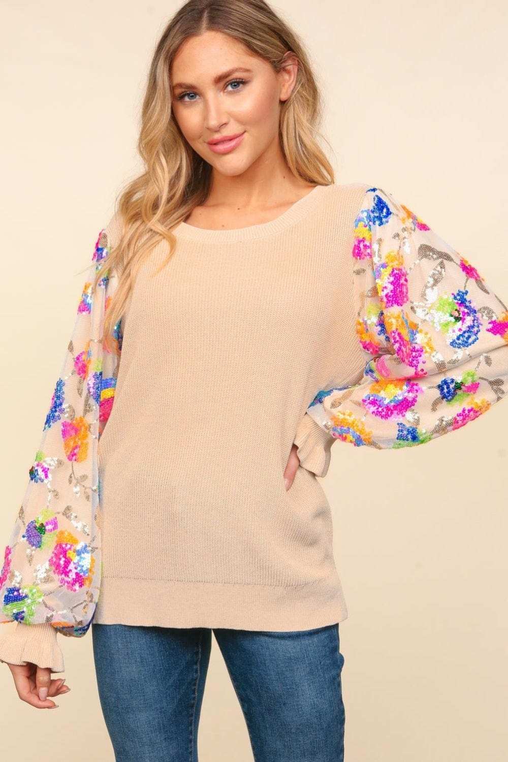 Haptics Floral Sequins Mesh Flounce Sleeve Sweater - Trendsi - Flyclothing LLC