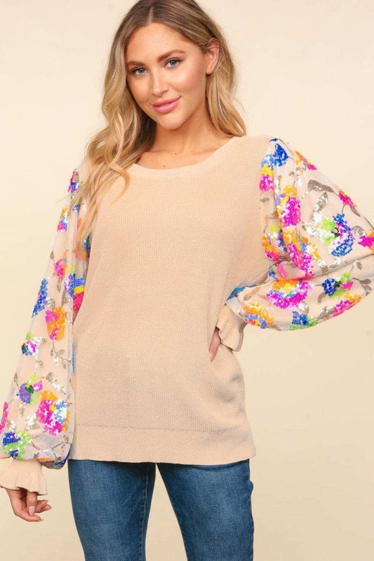 Haptics Floral Sequins Mesh Flounce Sleeve Sweater - Trendsi - Flyclothing LLC