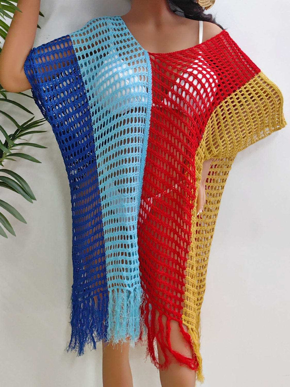 Fringe Color Block Scoop Neck Cover Up - Trendsi - Flyclothing LLC