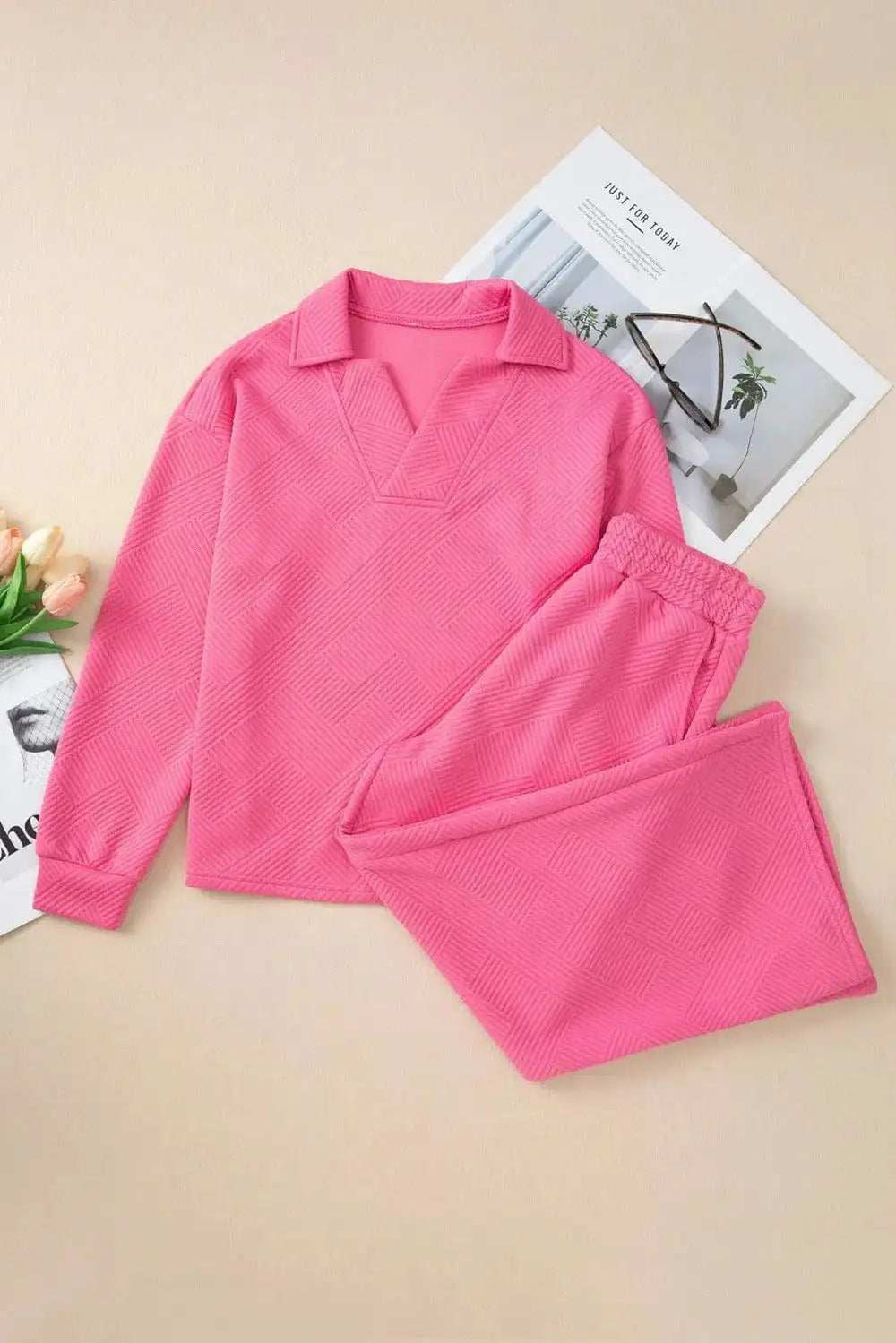 Textured Long Sleeve Top and Drawstring Pants Set - Trendsi - Flyclothing LLC