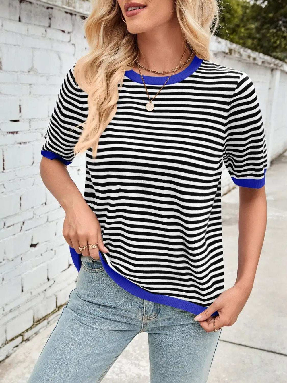 Lovelet Striped Contrast Round Neck Half Sleeve Knit Top - Trendsi - Flyclothing LLC