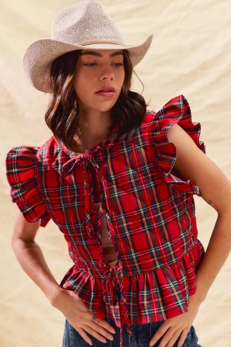 SO ME Christmas Holiday Plaid Ruffled Quilt Vest Top - Trendsi - Flyclothing LLC