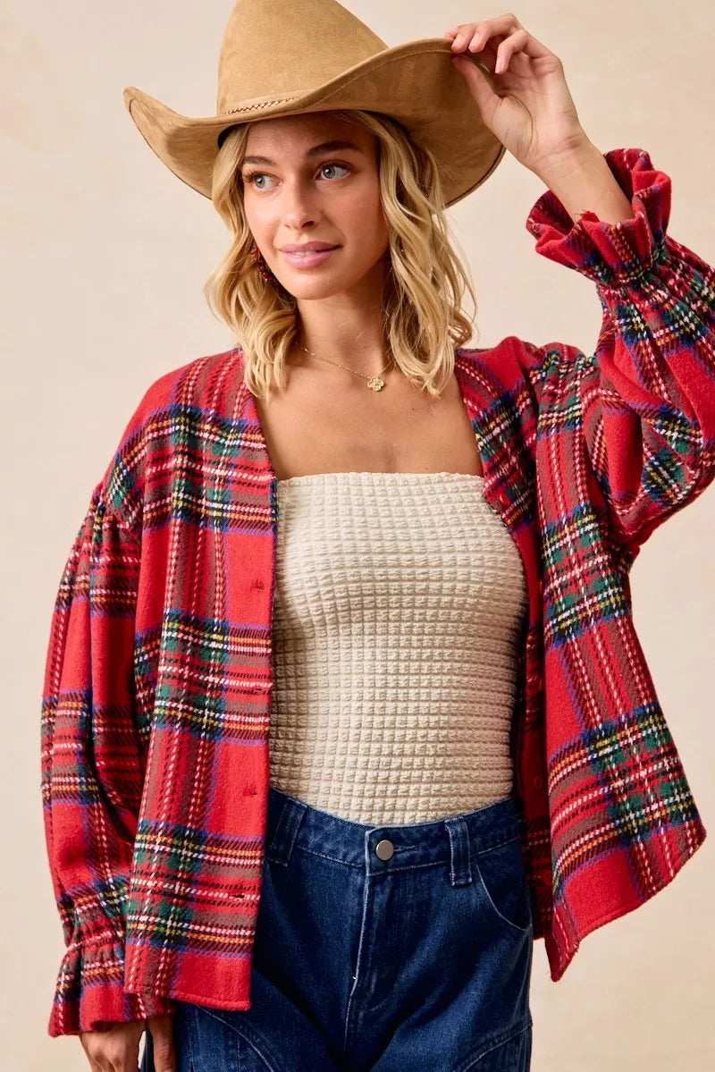 BiBi Christmas Plaid V-Neck Flounce Sleeve Jacket - Trendsi - Flyclothing LLC