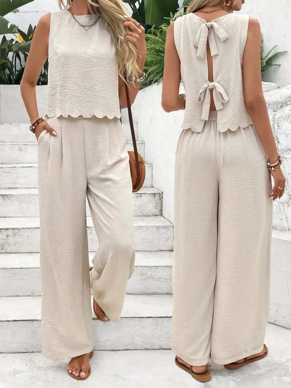 Tie Back Round Neck Top and Pants Set - Trendsi - Flyclothing LLC