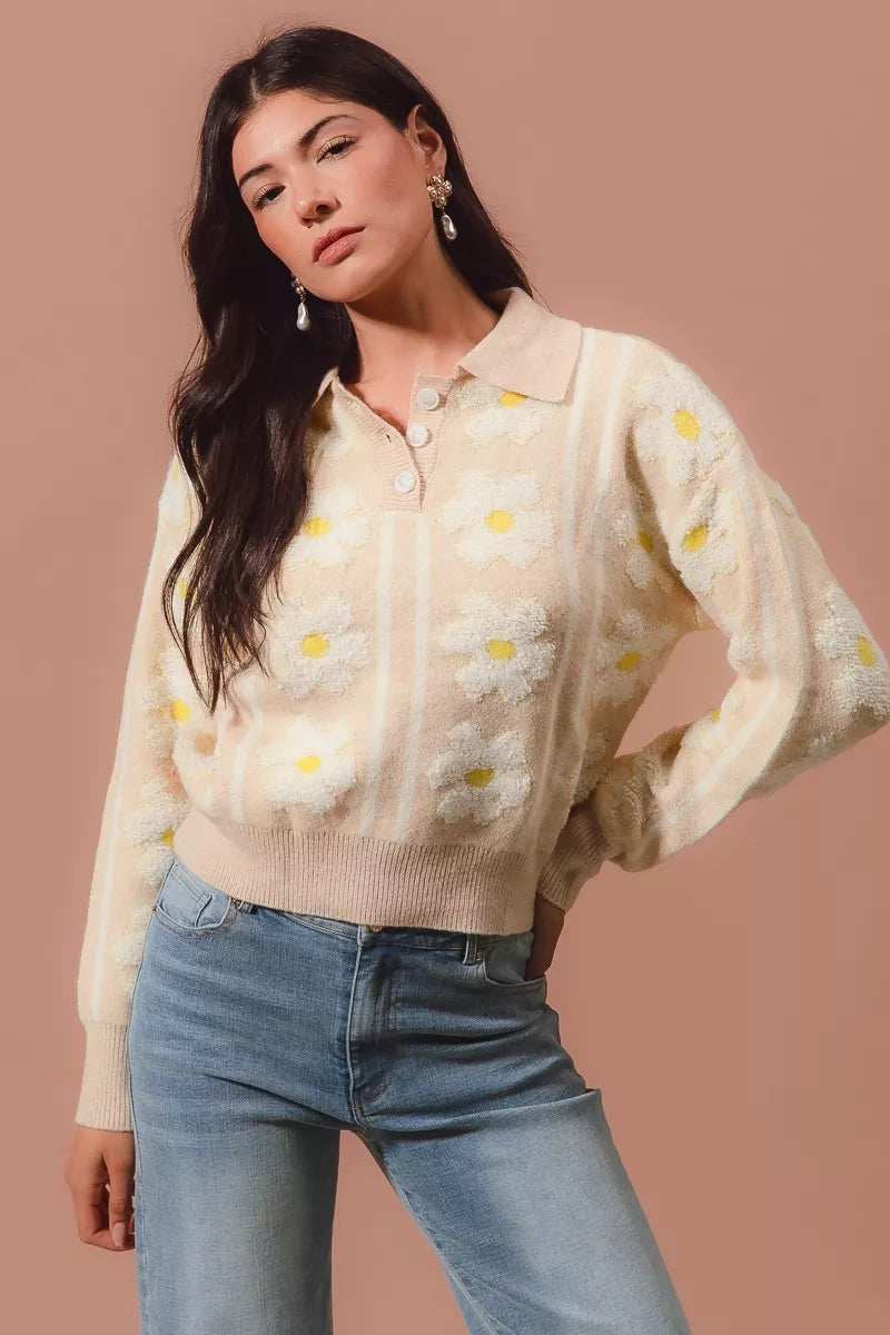 SO ME Floral Stripe Polo Collar Sweater - Trendsi - Flyclothing LLC