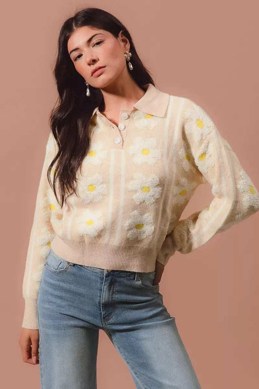 SO ME Floral Stripe Polo Collar Sweater - Trendsi - Flyclothing LLC