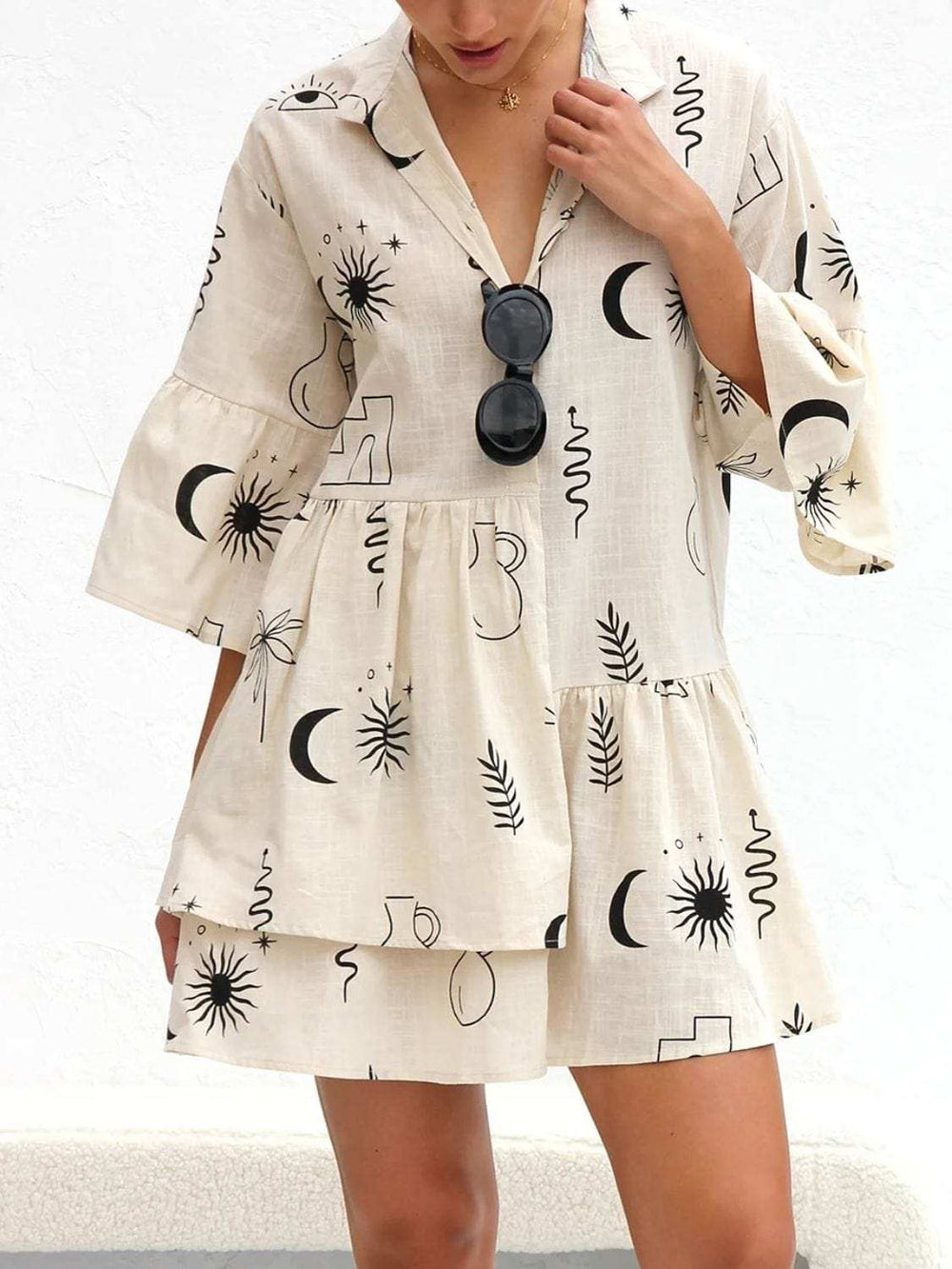 Printed Collared Neck Three-Quarter Sleeve Mini Dress - Trendsi - Flyclothing LLC