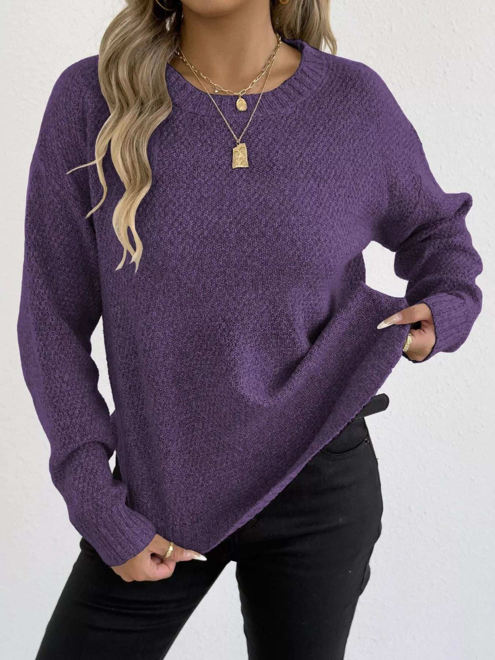 Textured Knit Relaxed Fit Round Neck Sweater - Trendsi - Flyclothing LLC