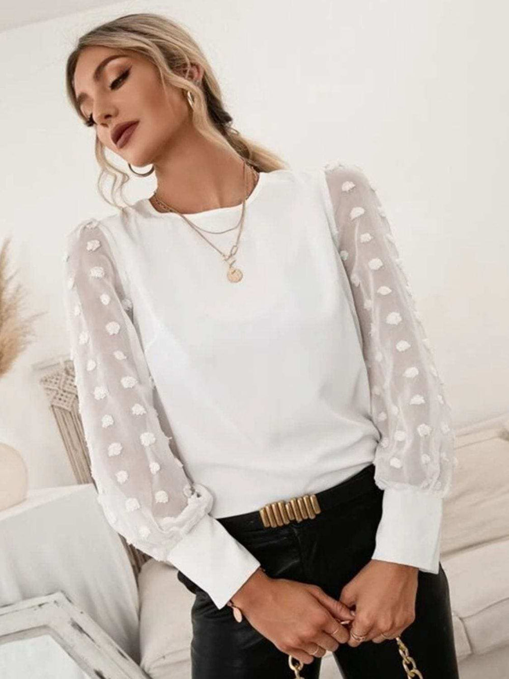 Swiss Dot Round Neck Long Sleeve Blouse - Trendsi - Flyclothing LLC