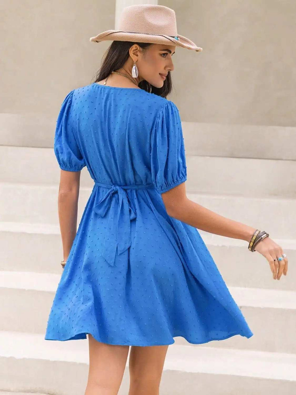 Tied Swiss Dot V-Neck Short Sleeve Dress - Trendsi - Flyclothing LLC