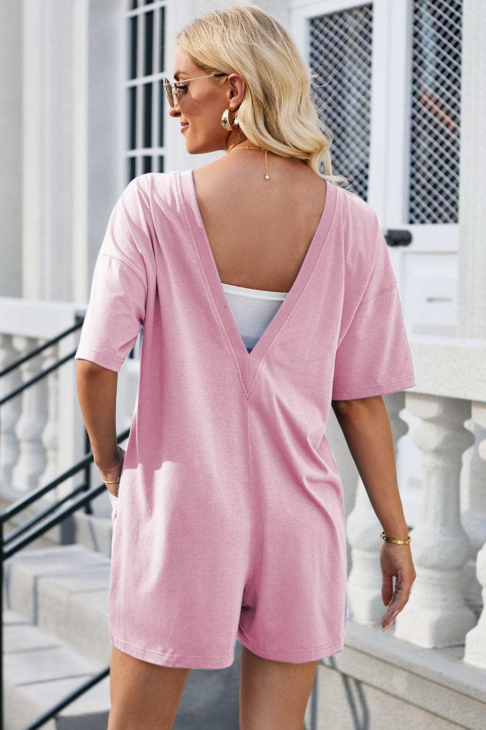 Backless Round Neck Half Sleeve Romper - Trendsi - Flyclothing LLC