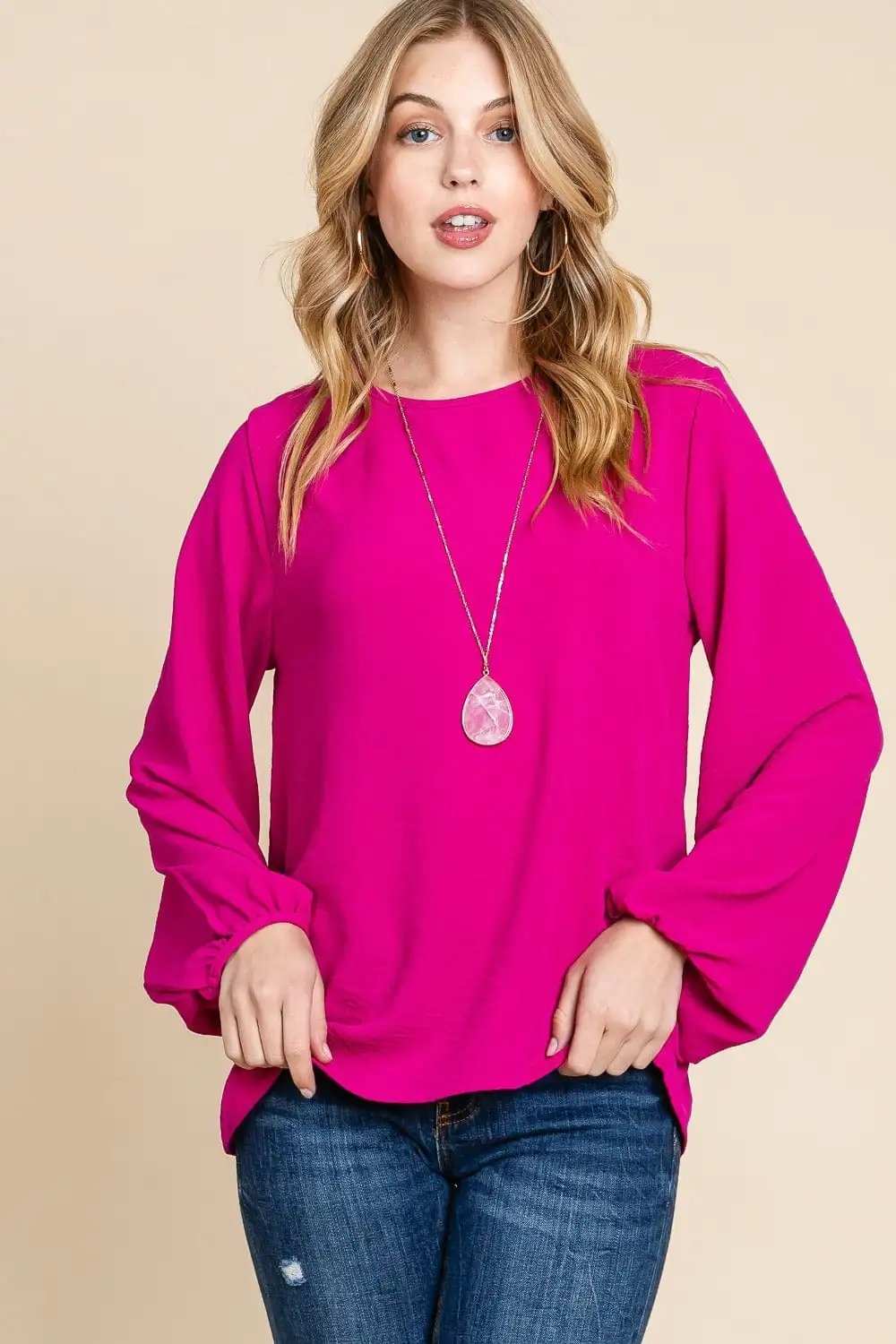BOMBOM Textured Balloon Sleeve Top - Trendsi - Flyclothing LLC