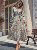 Perfee Tied Pleated Printed Mock Neck Long Sleeve Dress - Trendsi - Flyclothing LLC