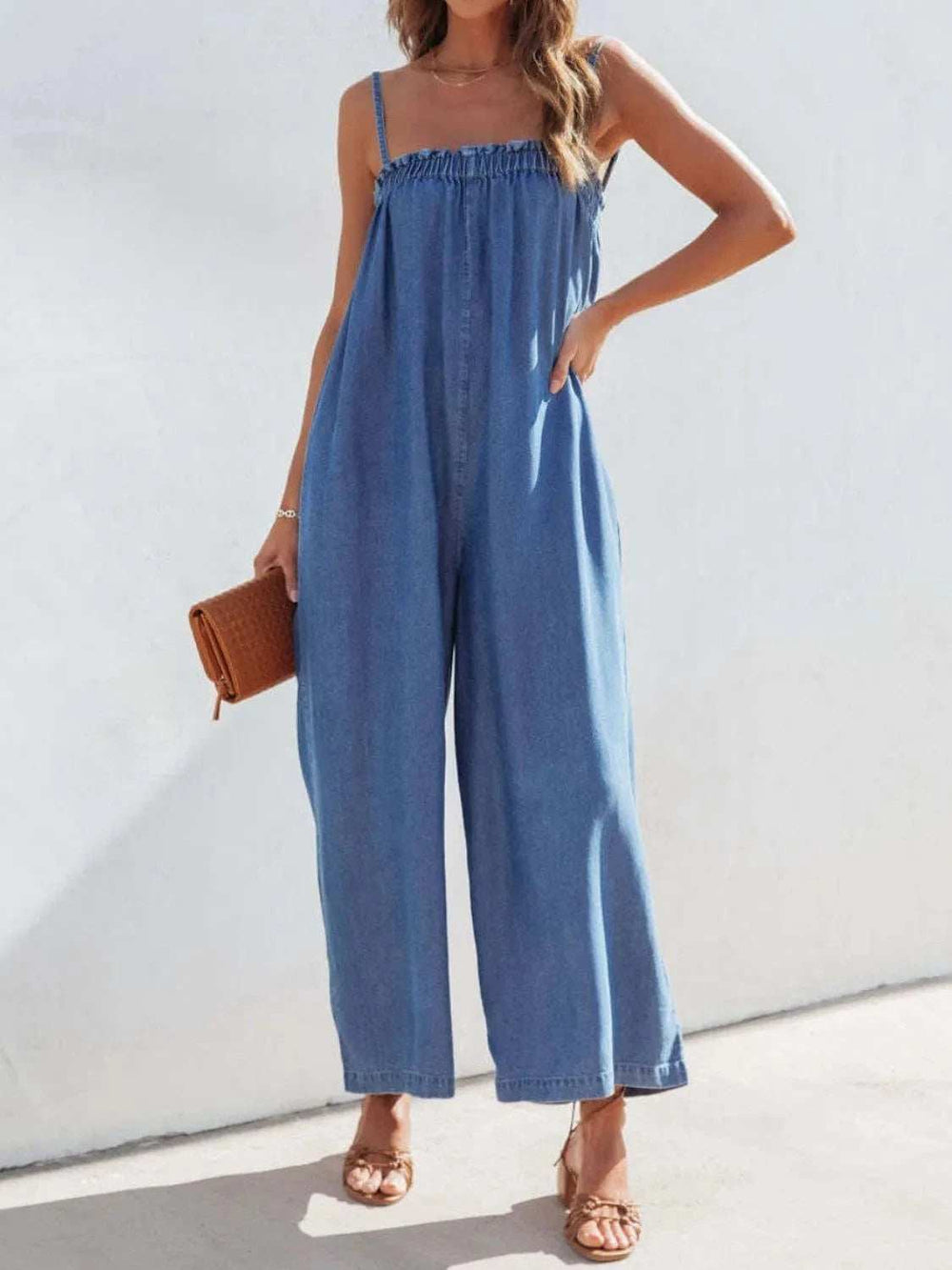 Spaghetti Strap Wide Leg Denim Jumpsuit - Trendsi - Flyclothing LLC