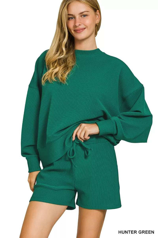Zenana Ribbed Round Neck Pullover and Shorts Set - Trendsi - Flyclothing LLC