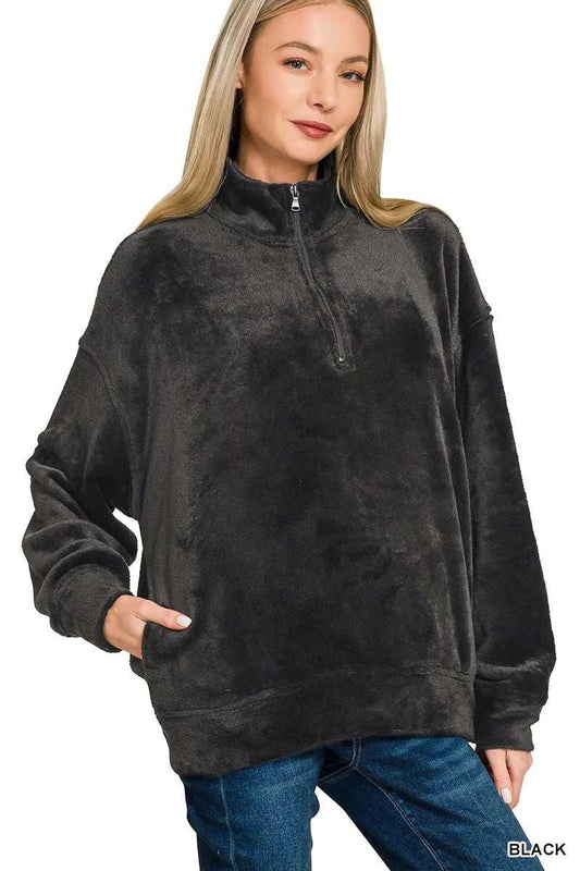 Zenana Faux Fur Half Zip Pocket Pullover - Trendsi - Flyclothing LLC